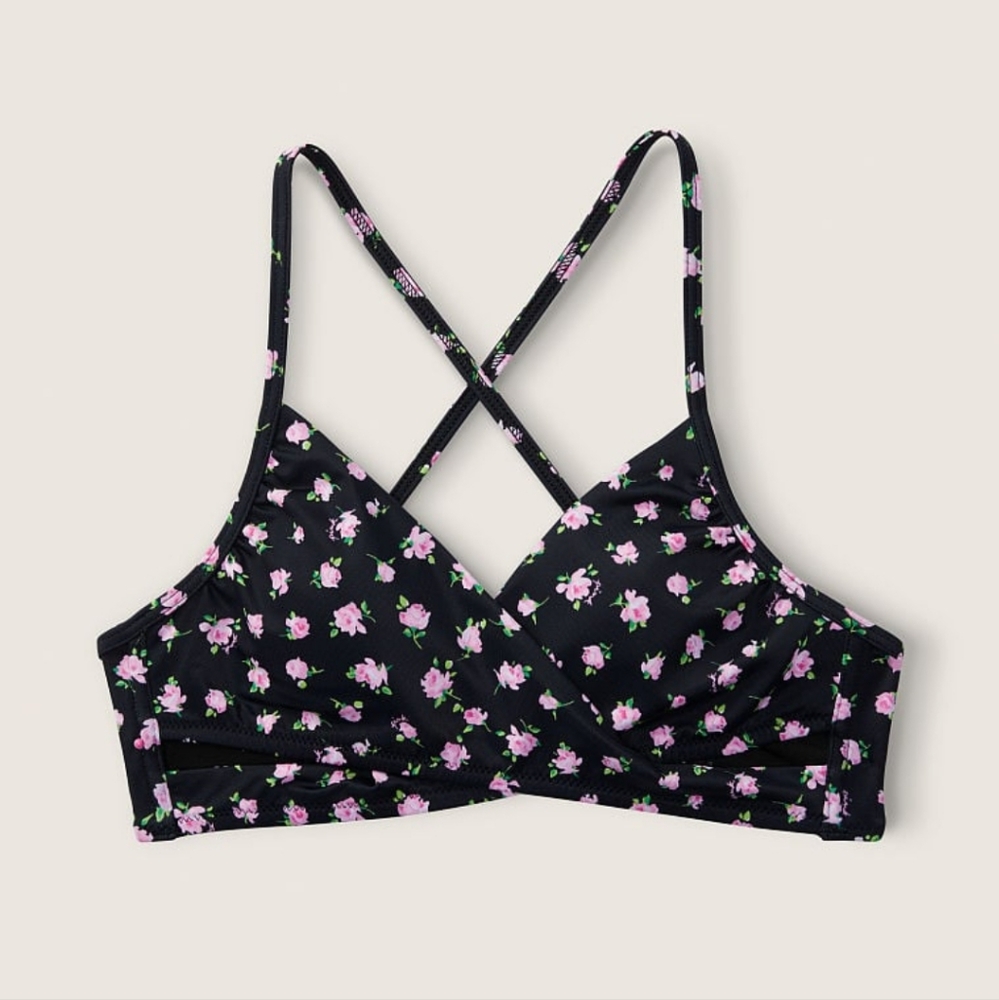 Victoria's secret pink body wrap bikini swim top BLACK FLORAL LARGE - Picture 2 of 7
